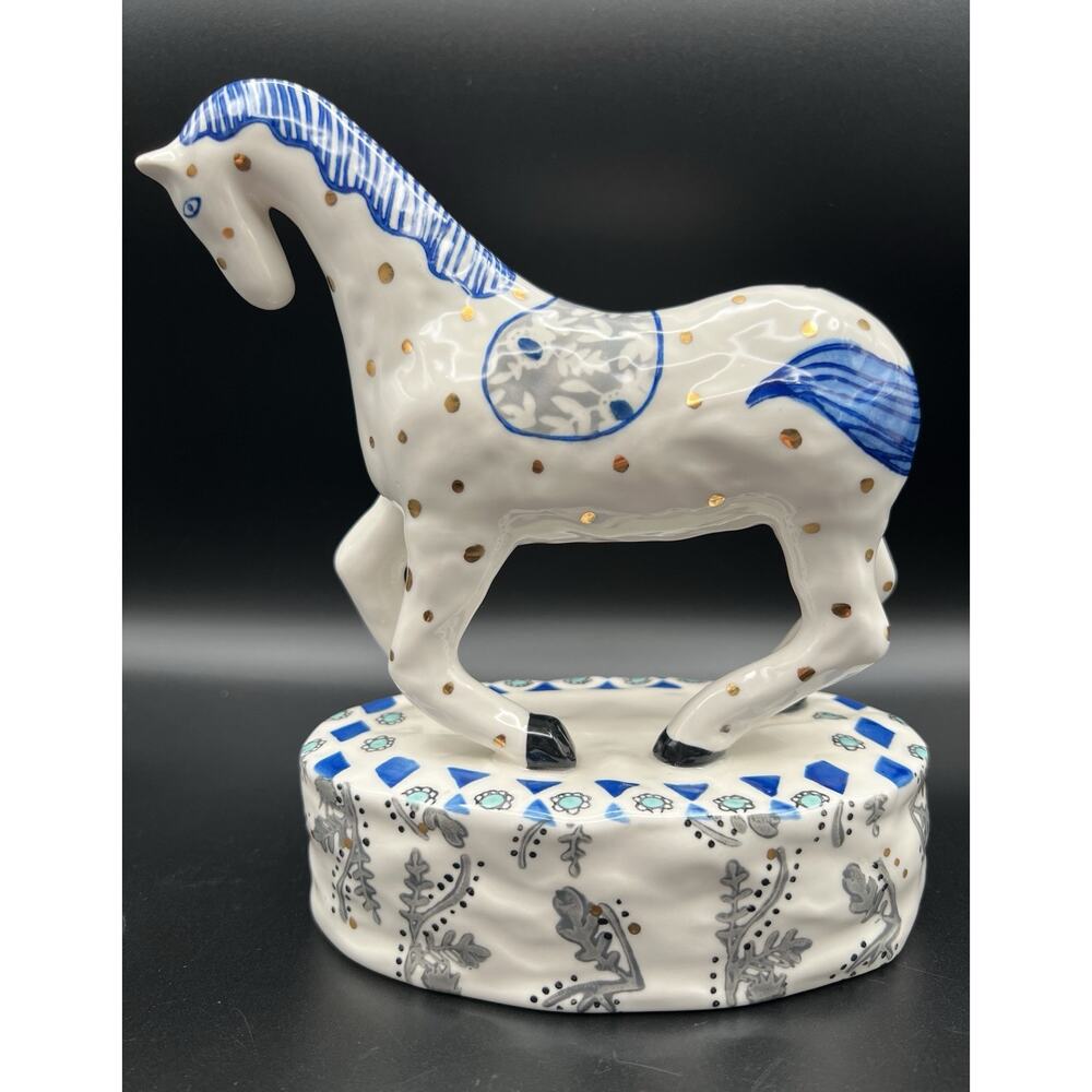 Anthropologie White Ceramic Horse Figurine with Blue and Gold Accents